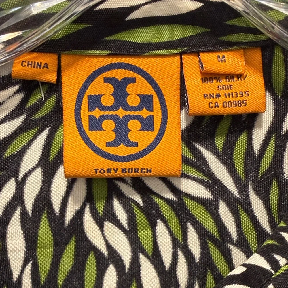 Tory Burch 100% Silk Green Leaf Print Button-Down Blouse Medium (M) Preppy